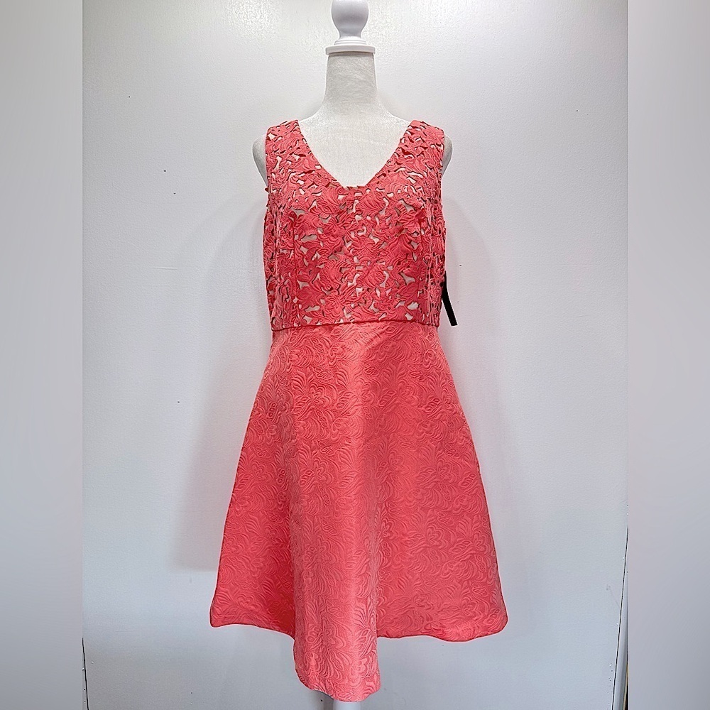 Coral Jacquard & Lace Dress Sleeveless ModCloth Cocktail by Donna Ricco Size 10